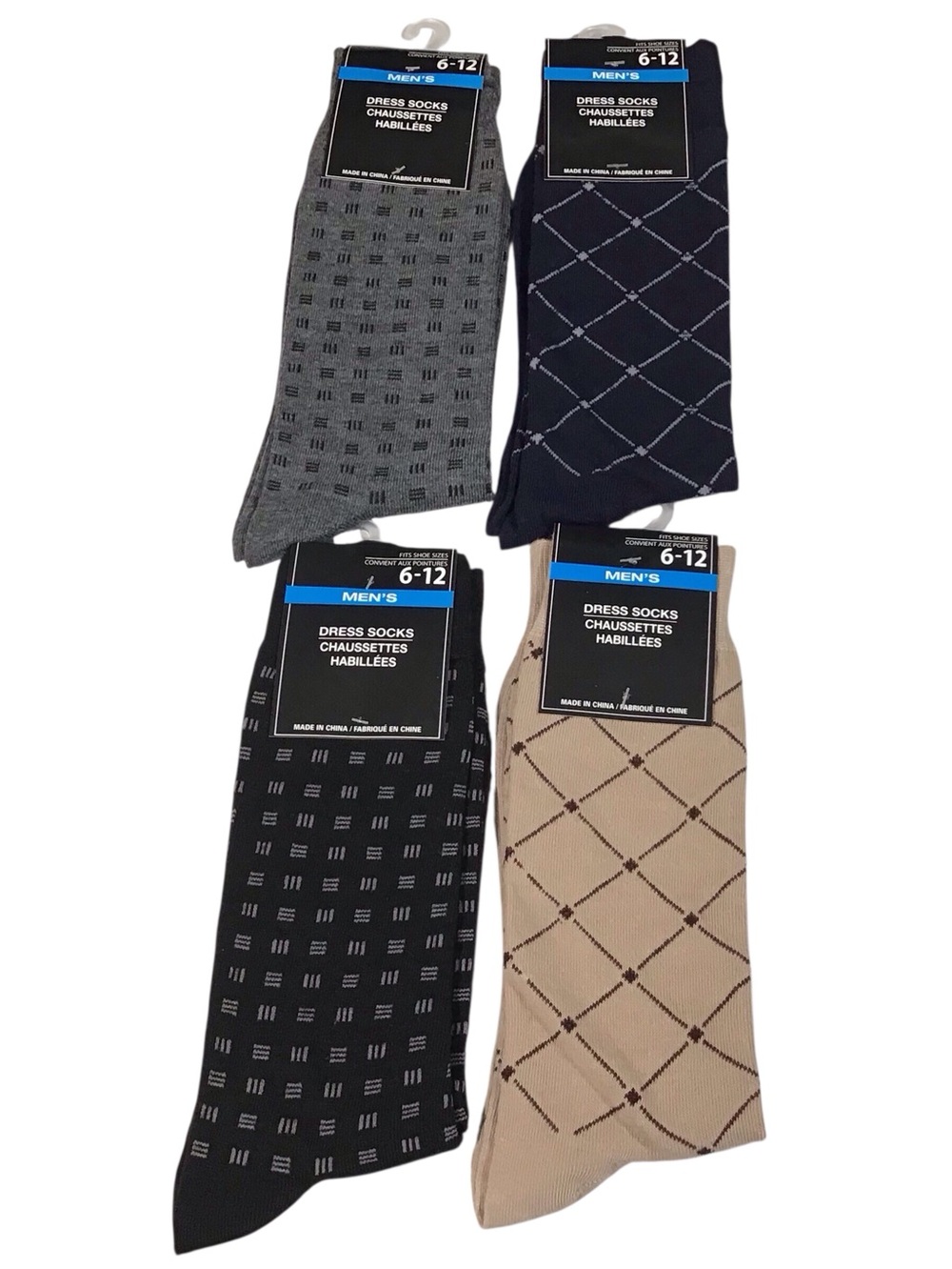 4 Pairs Mens Dress Socks Navy Argyle Neutral Colors Shoe Size 6 12